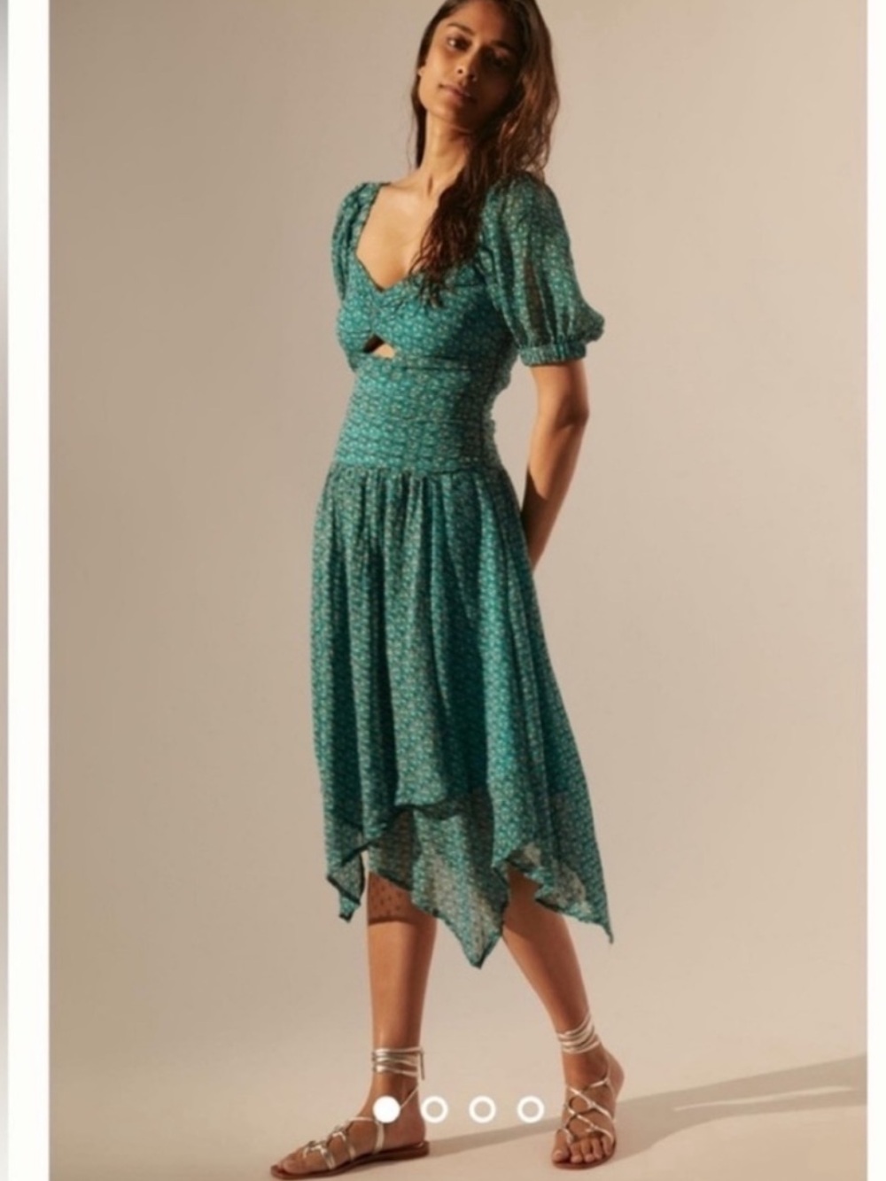Anthropologie Puff-Sleeved Cut-Out Midi Dress size 14 Handkerchief Hem Plus Size - Picture 1 of 12